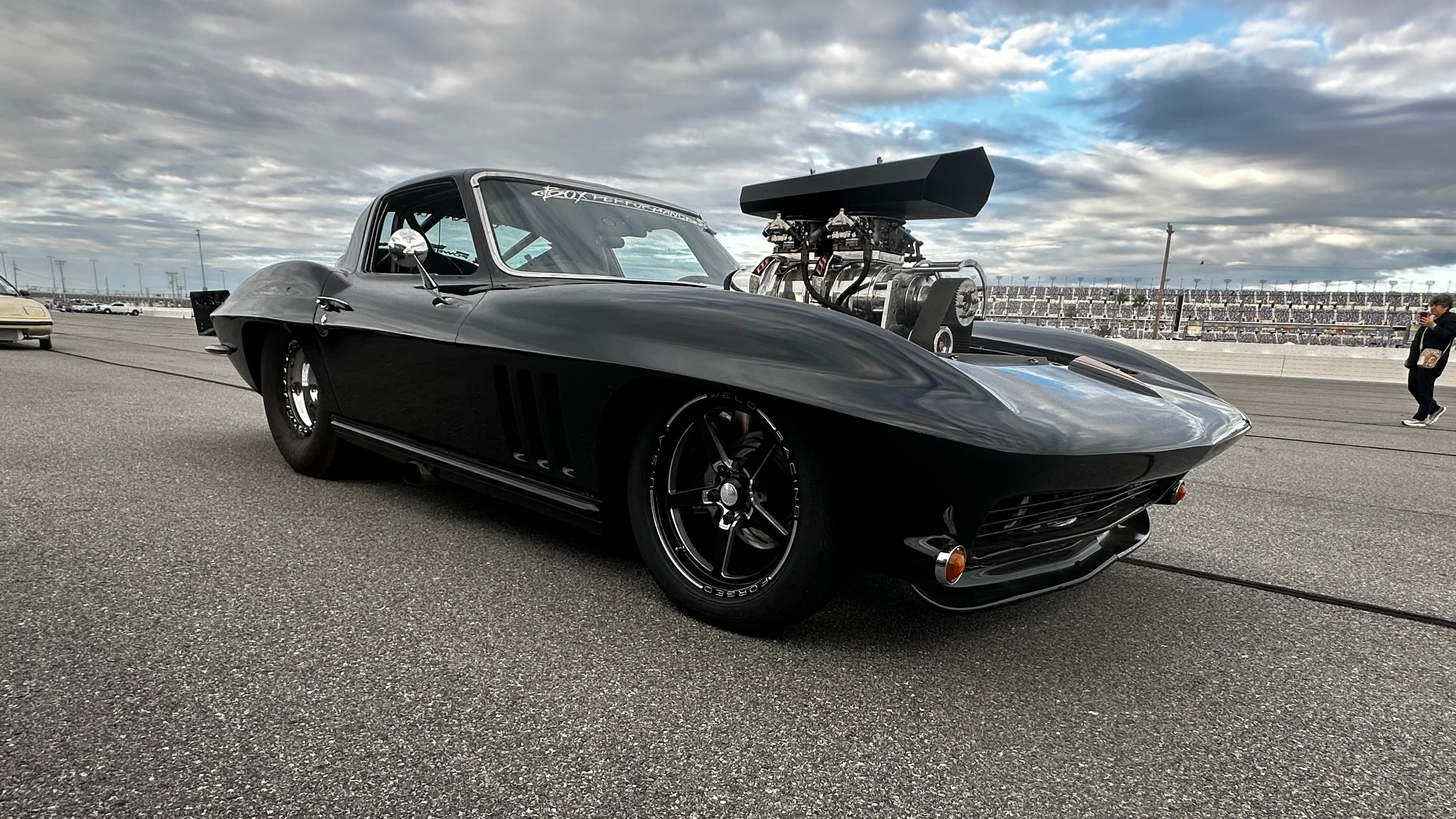 A 1965 Blown Corvette called the Boxvette at a gas station. 