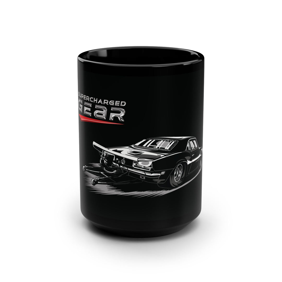 Mug - Supercharged Gear Logo with Drag Car Scene - 15oz Black Mug