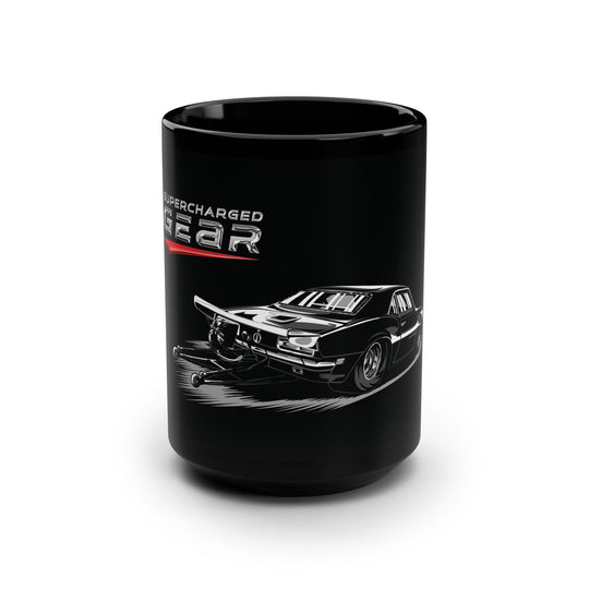 Mug - Supercharged Gear Logo with Drag Car Scene - 15oz Black Mug
