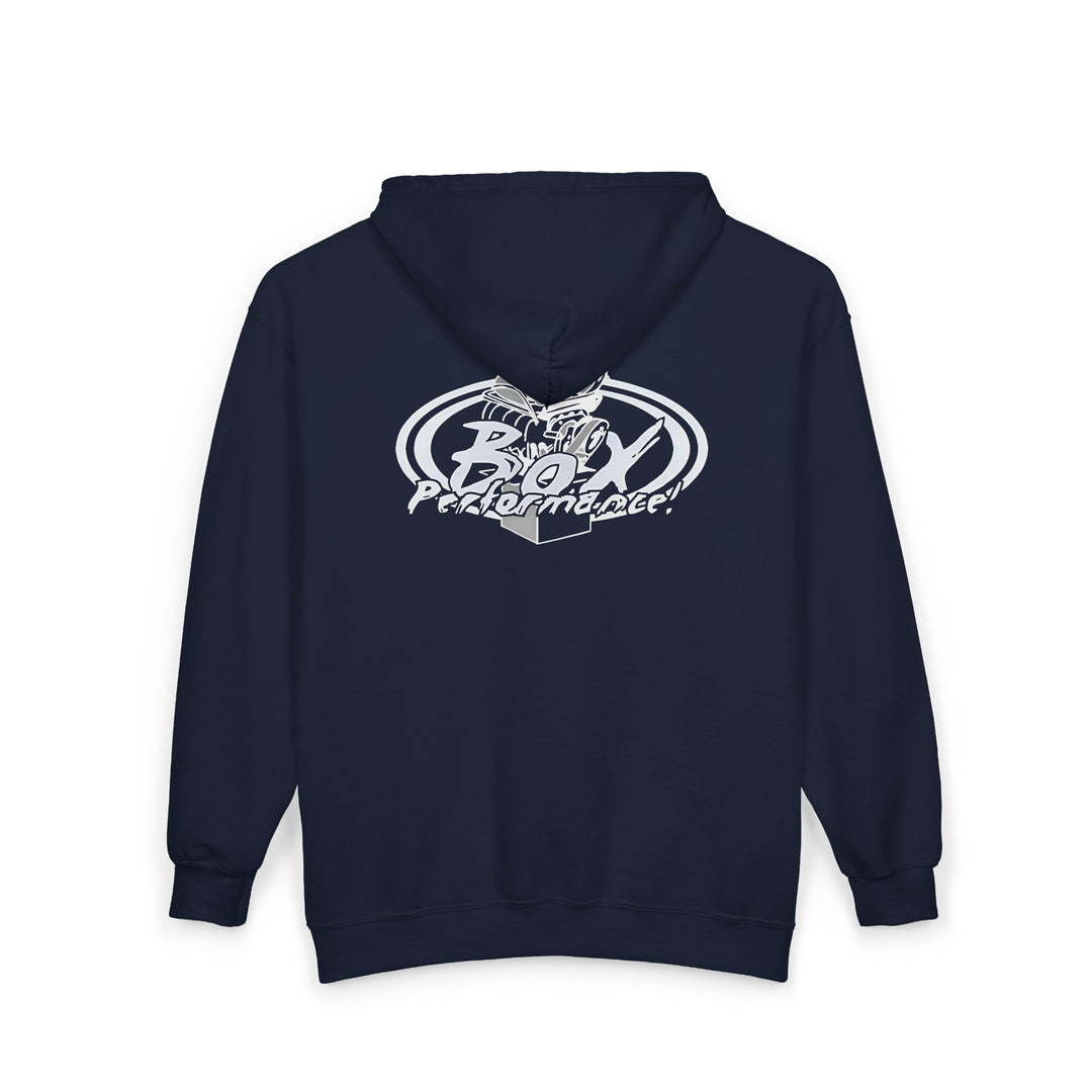 Box Performance Shop Zip Up Hoodie with Blower Design on Back | Unisex Heavy Blend™