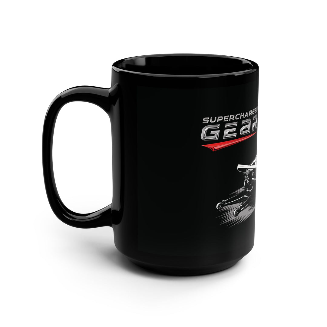 Mug - Supercharged Gear Logo with Drag Car Scene - 15oz Black Mug