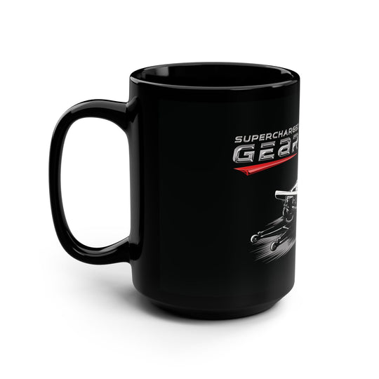 Mug - Supercharged Gear Logo with Drag Car Scene - 15oz Black Mug