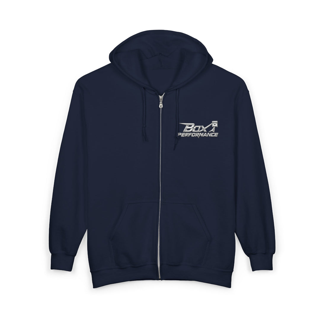 Box Performance Shop Zip Up Hoodie with Blower Design on Back | Unisex Heavy Blend™