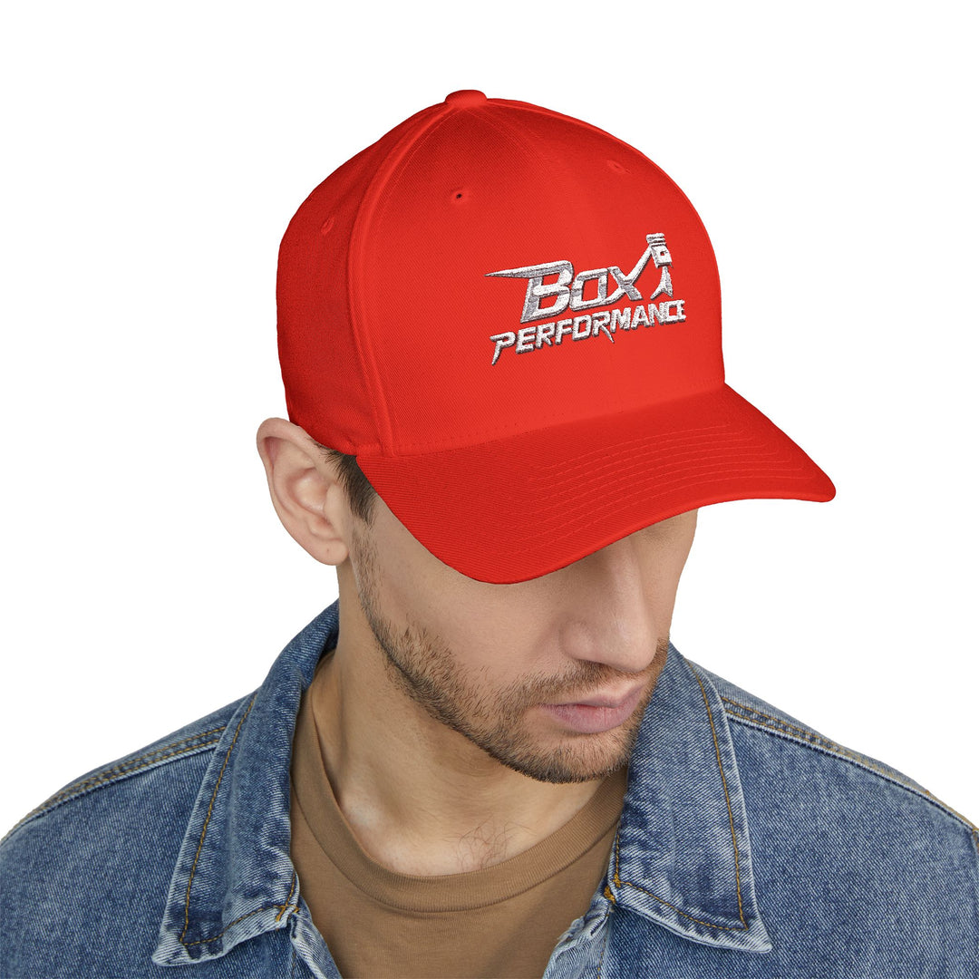 Box Performance Flexfit Embroidered Hat with Piston Logo — Closed‑Back Hat