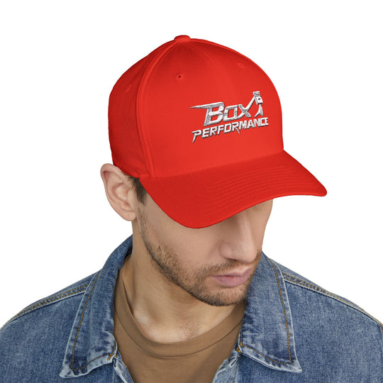 Box Performance Flexfit Embroidered Hat with Piston Logo — Closed‑Back Hat