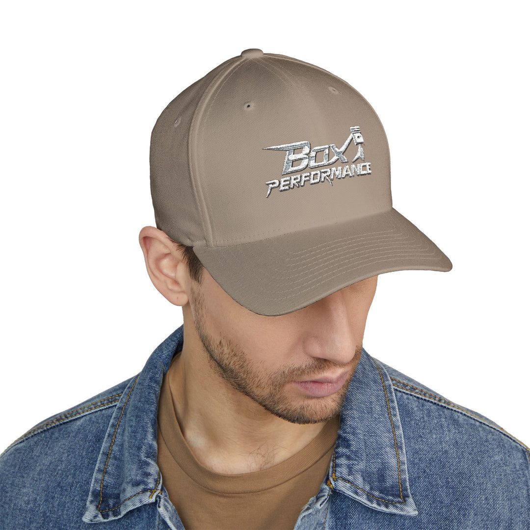 Box Performance Flexfit Embroidered Hat with Piston Logo — Closed‑Back Hat