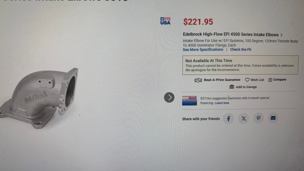 OPEN BOX Edelbrock High-Flow EFI 4500 Series Intake Elbows #3815 FREE SHIPPING FOR LOWER 48