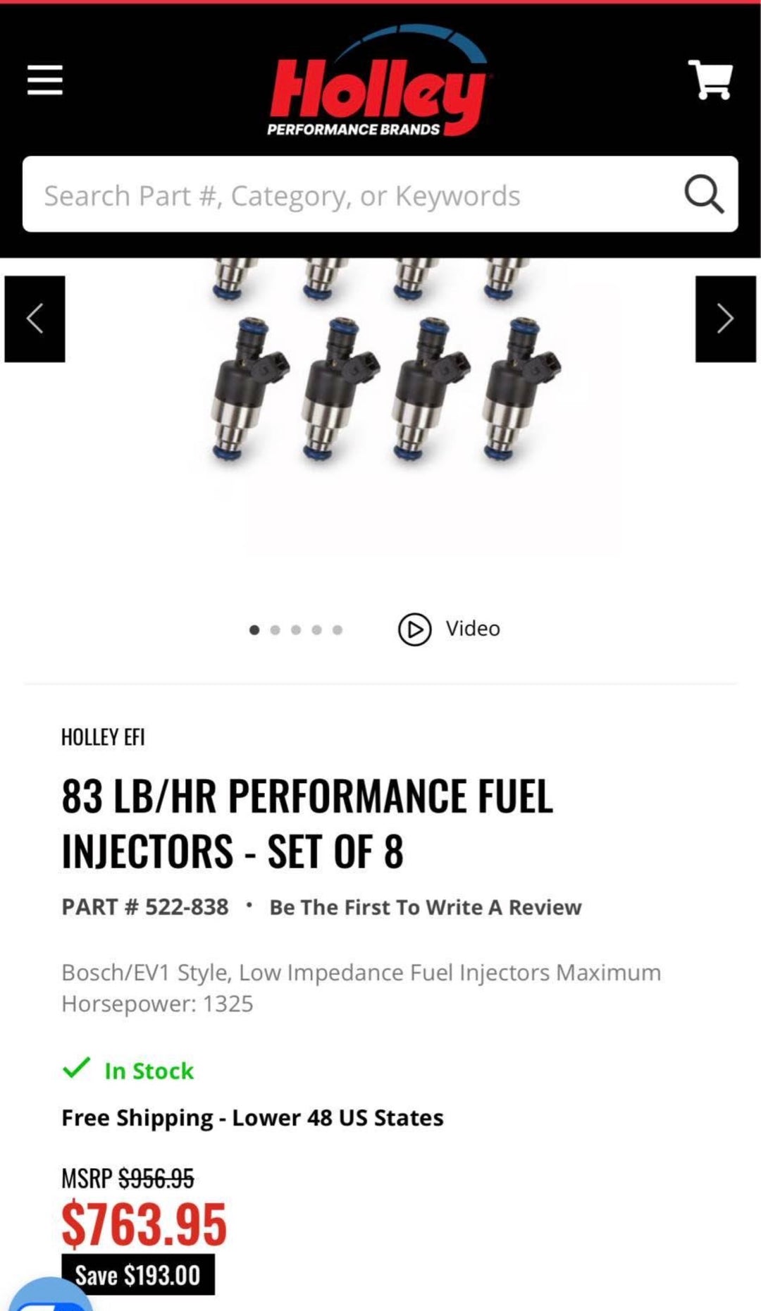 OPEN BOX - Holley EFI 83 lb/hr Performance Fuel Injectors – Set of 8 - Shipping Included